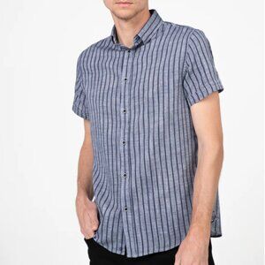 Vustra Deep Ocean Linen Blue Striped Button Up Short Sleeve Shirt, Size Large